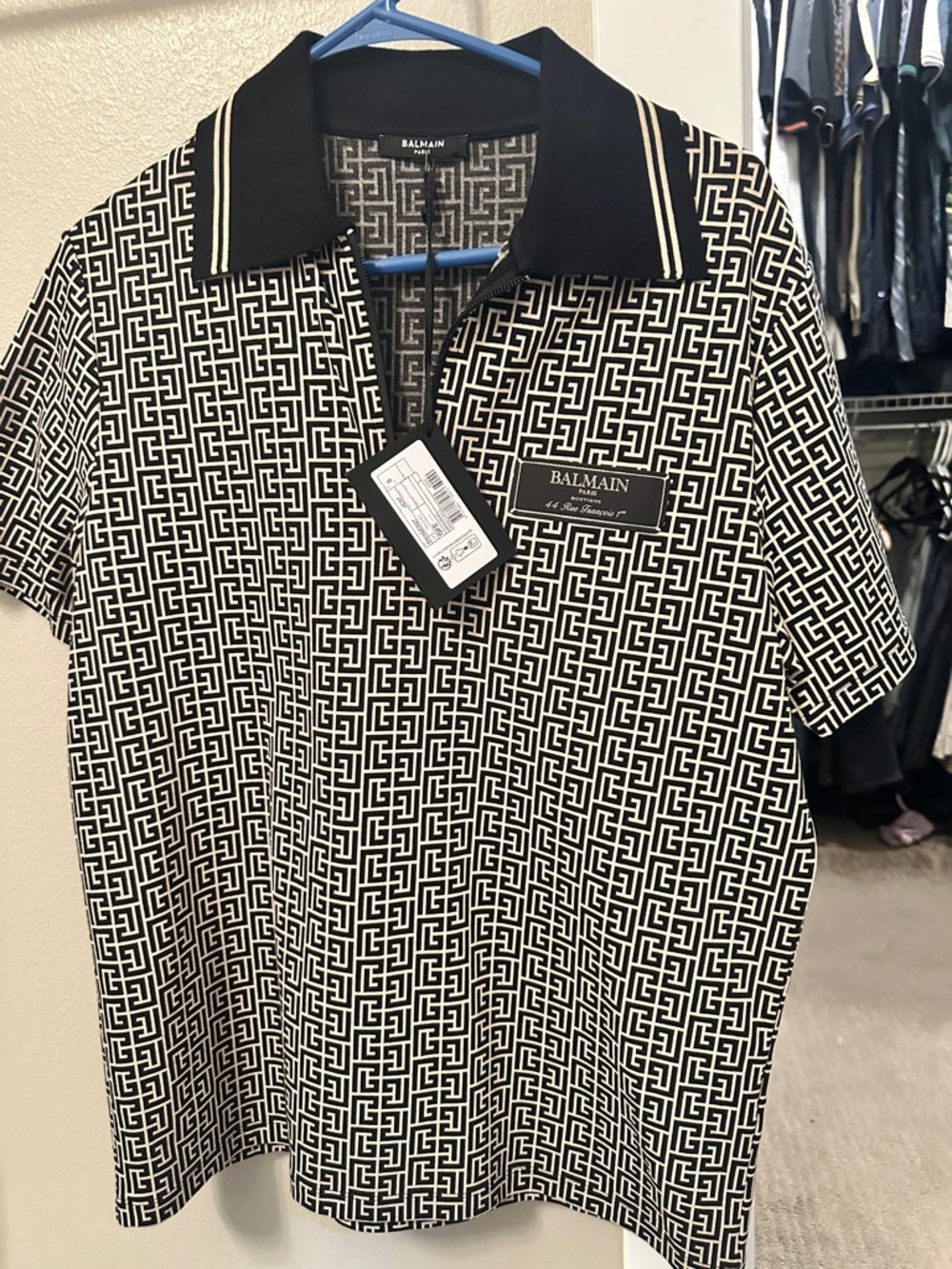 Balmain Black & White Geometric Polo Shirt